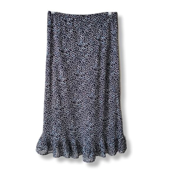 90s Y2K Ruffle Blue Abstract Print Midi Skirt 10 Phoebe Friends Casual Twee - Picture 1 of 9